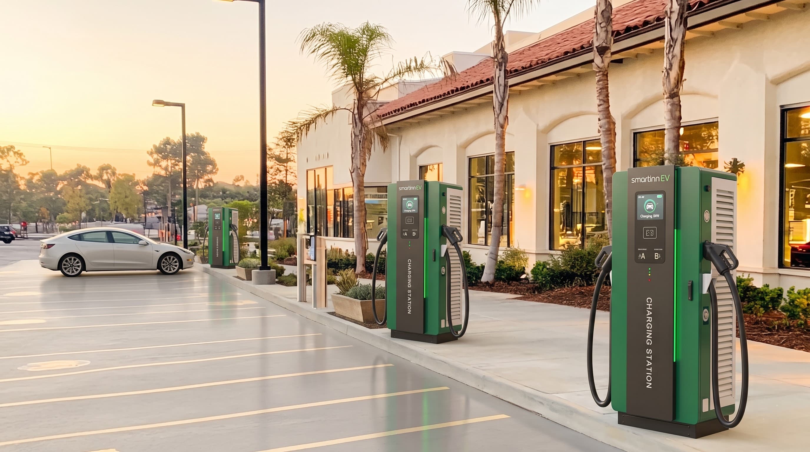 Electric vehicle on an open highway at sunset